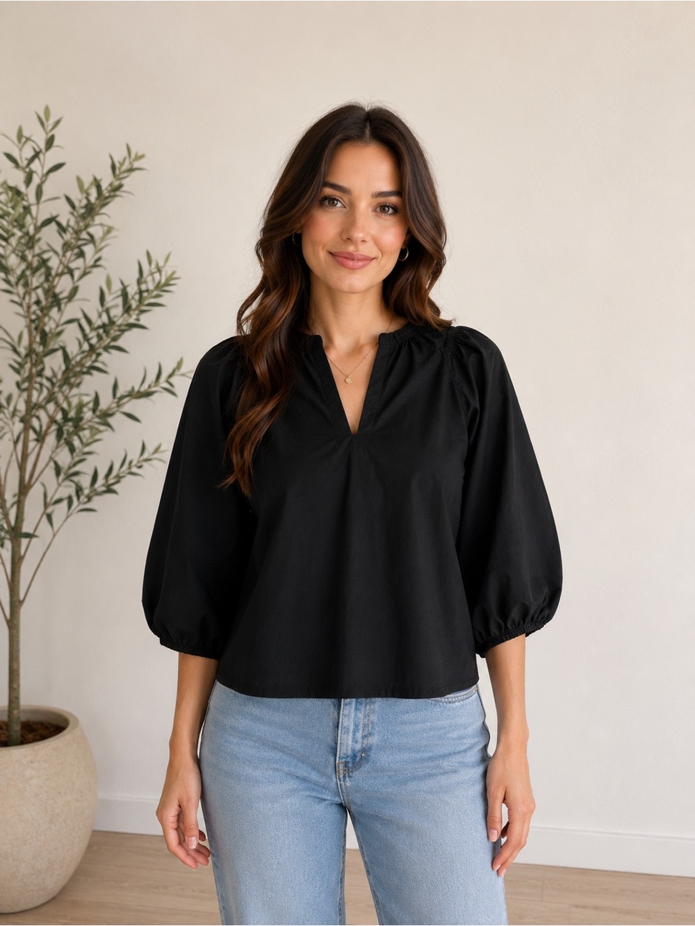 Coco + Jase Black Cotton V Neck Balloon Sleeve Blouse Top Womens Small Cottacore